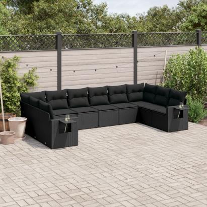 Set canapele de grădină cu perne, 10 piese, negru, poliratan GartenMobel Dekor