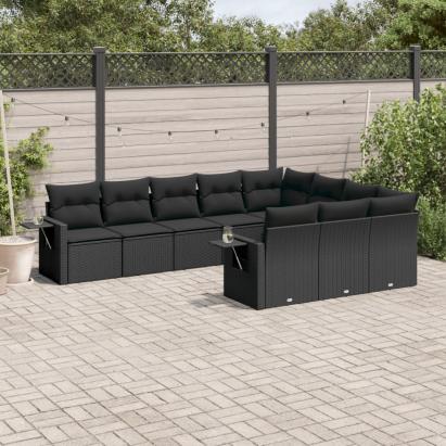 Set canapele de grădină cu perne, 10 piese, negru, poliratan GartenMobel Dekor