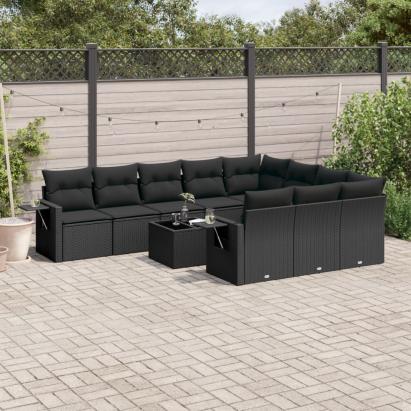 Set canapele de grădină cu perne, 11 piese, negru, poliratan GartenMobel Dekor