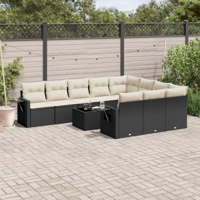 Set canapele de grădină cu perne, 11 piese, negru, poliratan GartenMobel Dekor