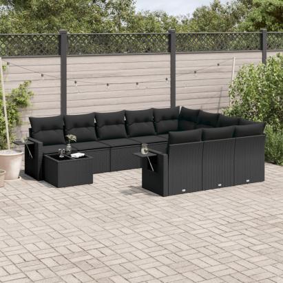 Set canapele de grădină cu perne, 11 piese, negru, poliratan GartenMobel Dekor