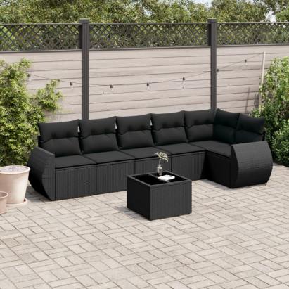 Set canapele de grădină cu perne, 7 piese, negru, poliratan GartenMobel Dekor