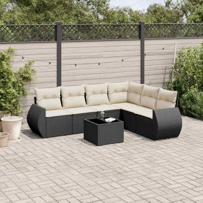 Set canapele de grădină cu perne, 7 piese, negru, poliratan GartenMobel Dekor