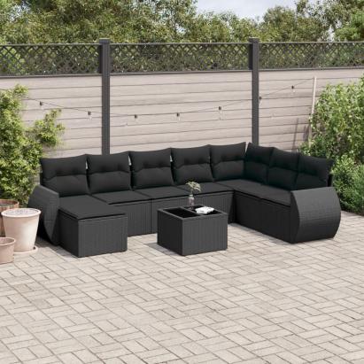 Set mobilier de grădină cu perne, 9 piese, negru, poliratan GartenMobel Dekor