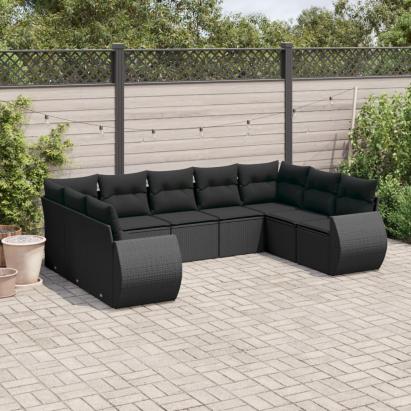 Set mobilier de grădină cu perne, 9 piese, negru, poliratan GartenMobel Dekor