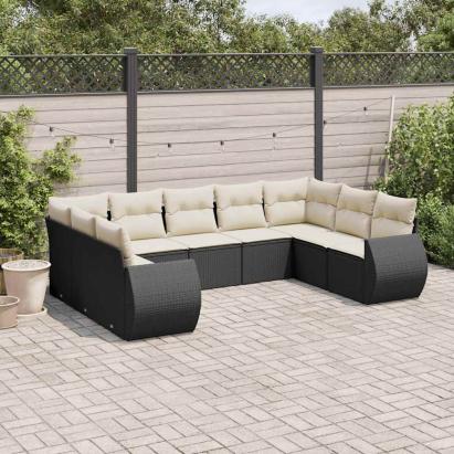 Set mobilier de grădină cu perne, 9 piese, negru, poliratan GartenMobel Dekor