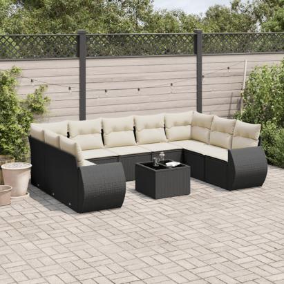 Set canapele de grădină cu perne, 10 piese, negru, poliratan GartenMobel Dekor