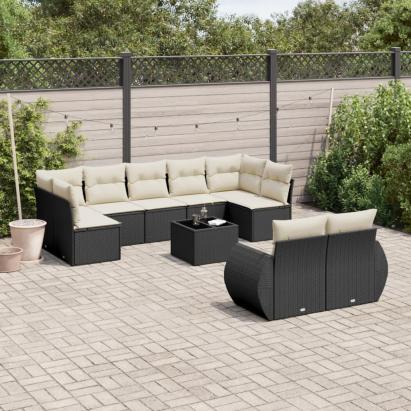 Set canapele de grădină cu perne, 10 piese, negru, poliratan GartenMobel Dekor