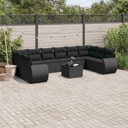 Set canapele de grădină cu perne, 11 piese, negru, poliratan GartenMobel Dekor