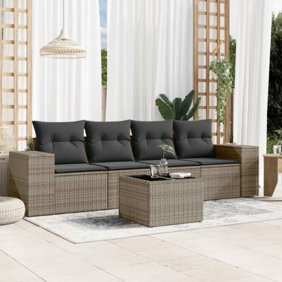 Set canapea de grădină cu perne, 5 piese, gri, poliratan GartenMobel Dekor