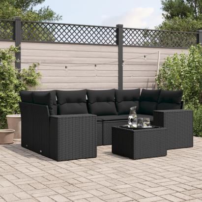 Set canapele de grădină cu perne, 7 piese, negru, poliratan GartenMobel Dekor