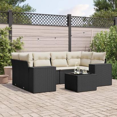 Set canapele de grădină cu perne, 7 piese, negru, poliratan GartenMobel Dekor