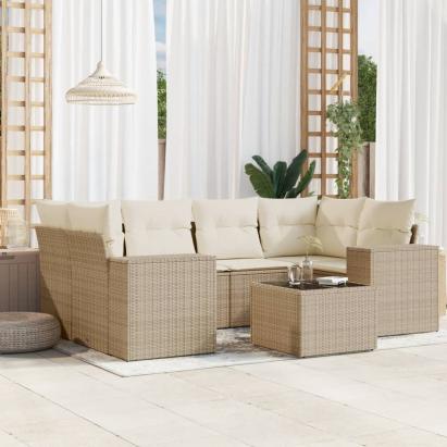 Set canapele de grădină, 7 piese, cu perne, bej, poliratan GartenMobel Dekor