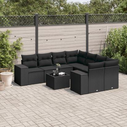 Set mobilier de grădină cu perne, 9 piese, negru, poliratan GartenMobel Dekor
