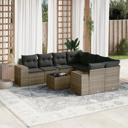 Set canapele de grădină, 9 piese, cu perne, gri, poliratan GartenMobel Dekor