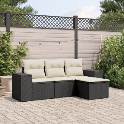 Set mobilier de grădină cu perne, 4 piese, negru, poliratan GartenMobel Dekor