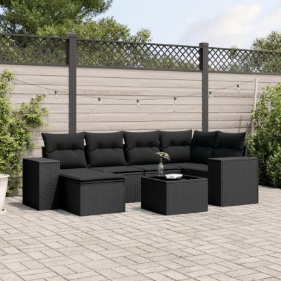Set canapele de grădină cu perne, 7 piese, negru, poliratan GartenMobel Dekor