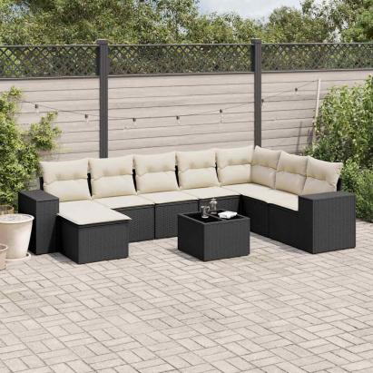 Set mobilier de grădină cu perne, 9 piese, negru, poliratan GartenMobel Dekor