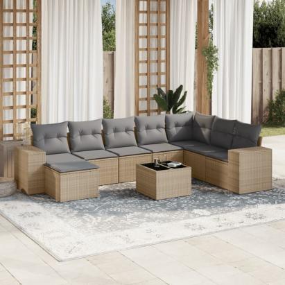Set canapele de grădină, 9 piese, cu perne, bej, poliratan GartenMobel Dekor