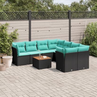 Set mobilier de grădină cu perne, 9 piese, negru, poliratan GartenMobel Dekor