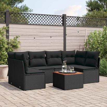 Set canapele de grădină cu perne, 7 piese, negru, poliratan GartenMobel Dekor