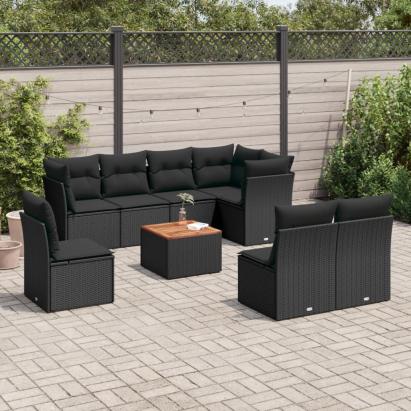 Set mobilier de grădină cu perne, 9 piese, negru, poliratan GartenMobel Dekor