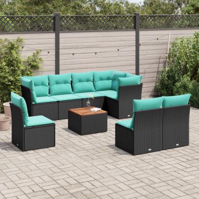 Set mobilier de grădină cu perne, 9 piese, negru, poliratan GartenMobel Dekor