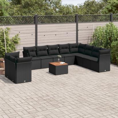 Set canapele de grădină cu perne, 11 piese, negru, poliratan GartenMobel Dekor