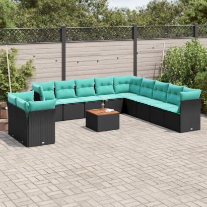Set mobilier de grădină cu perne, 12 piese, negru, poliratan GartenMobel Dekor