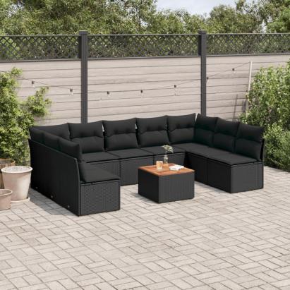 Set canapele de grădină cu perne, 10 piese, negru, poliratan GartenMobel Dekor
