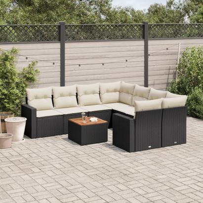Set mobilier de grădină cu perne, 9 piese, negru, poliratan GartenMobel Dekor