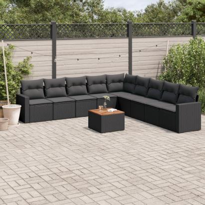 Set canapele de grădină cu perne, 10 piese, negru, poliratan GartenMobel Dekor