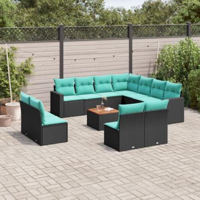 Set mobilier de grădină cu perne, 12 piese, negru, poliratan GartenMobel Dekor