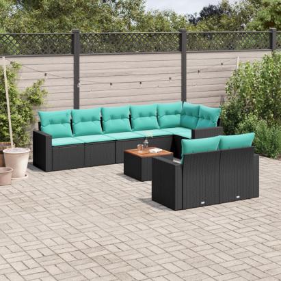 Set mobilier de grădină cu perne, 9 piese, negru, poliratan GartenMobel Dekor
