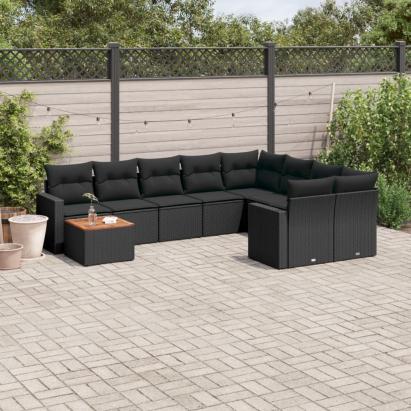 Set canapele de grădină cu perne, 10 piese, negru, poliratan GartenMobel Dekor