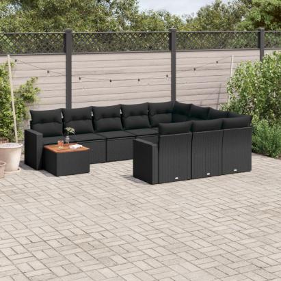 Set canapele de grădină cu perne, 11 piese, negru, poliratan GartenMobel Dekor