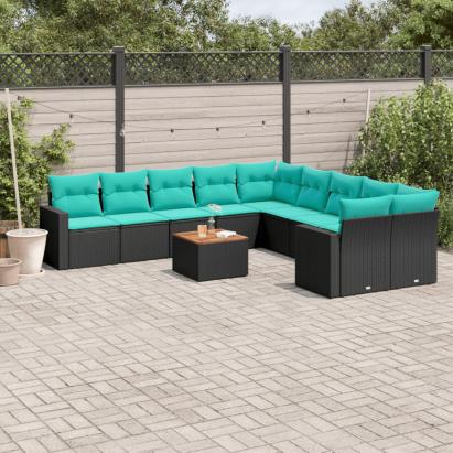 Set canapele de grădină cu perne, 11 piese, negru, poliratan GartenMobel Dekor