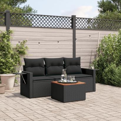 Set mobilier de grădină cu perne, 4 piese, negru, poliratan GartenMobel Dekor