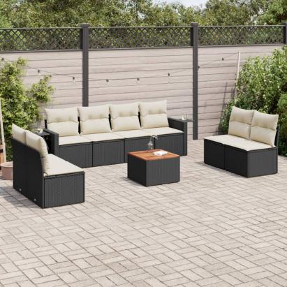 Set mobilier de grădină cu perne, 9 piese, negru, poliratan GartenMobel Dekor