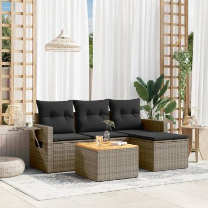 Set canapea de grădină cu perne, 5 piese, gri, poliratan GartenMobel Dekor