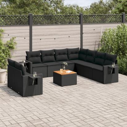 Set canapele de grădină cu perne, 10 piese, negru, poliratan GartenMobel Dekor