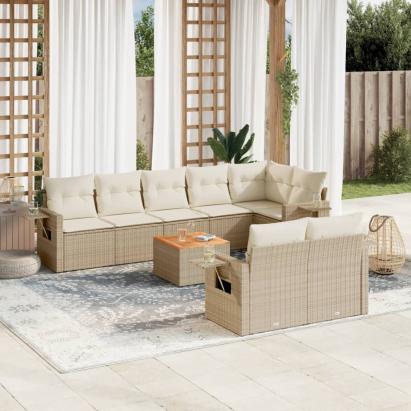 Set canapele de grădină, 9 piese, cu perne, bej, poliratan GartenMobel Dekor