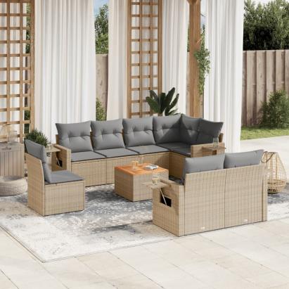 Set canapele de grădină, 9 piese, cu perne, bej, poliratan GartenMobel Dekor
