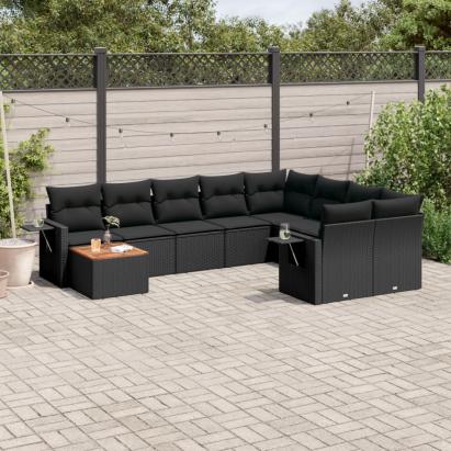 Set canapele de grădină cu perne, 10 piese, negru, poliratan GartenMobel Dekor