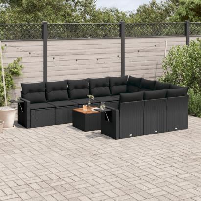Set canapele de grădină cu perne, 11 piese, negru, poliratan GartenMobel Dekor