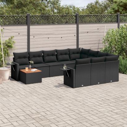 Set canapele de grădină cu perne, 11 piese, negru, poliratan GartenMobel Dekor