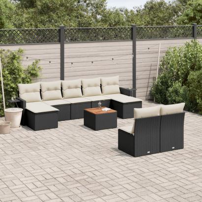 Set canapele de grădină cu perne, 10 piese, negru, poliratan GartenMobel Dekor