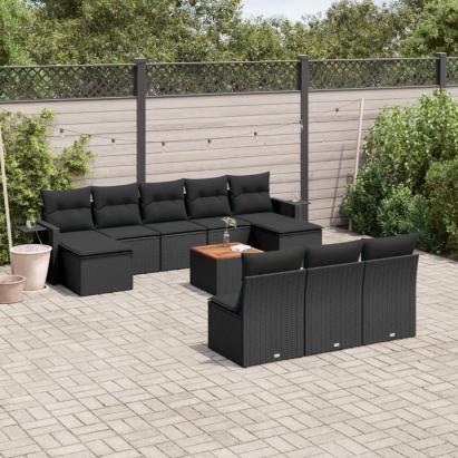 Set canapele de grădină cu perne, 11 piese, negru, poliratan GartenMobel Dekor