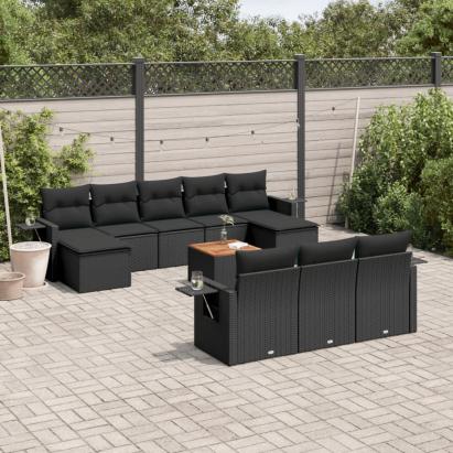 Set canapele de grădină cu perne, 11 piese, negru, poliratan GartenMobel Dekor