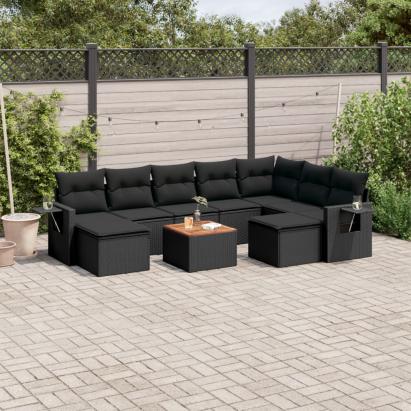 Set canapele de grădină cu perne, 10 piese, negru, poliratan GartenMobel Dekor